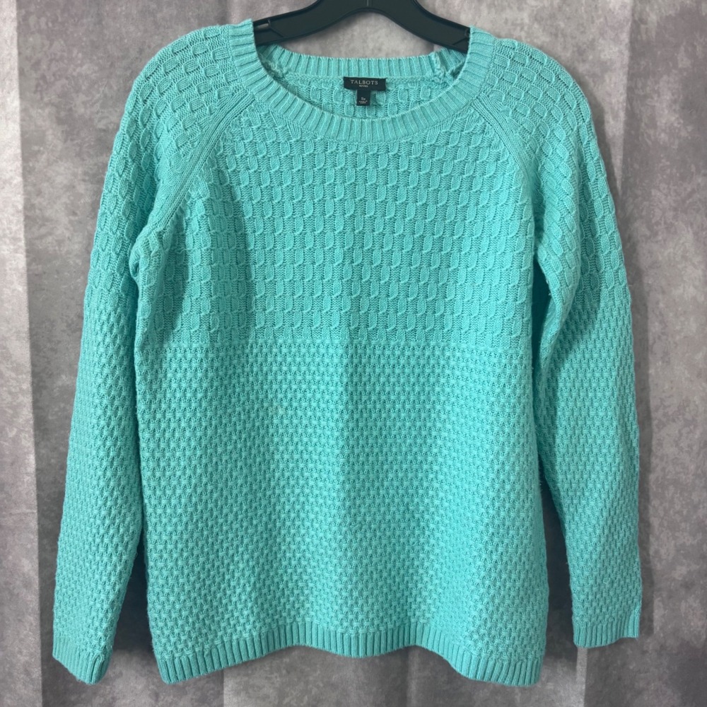 Talbots Womens Petite SmallTurquoise Lambswool Blend Textured‎ Knit Pullover